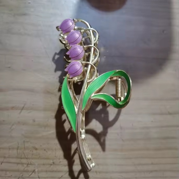 Vintage Lily of the Valley Gold Tone Floral Barrette Lavender Hair Clip main image 7